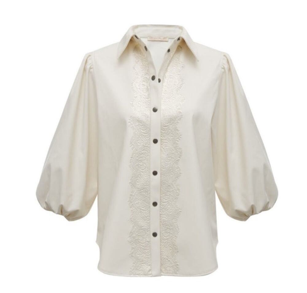 Gold Hawk Balloon Sleeve Faux Leather Top (Dove) • Medium